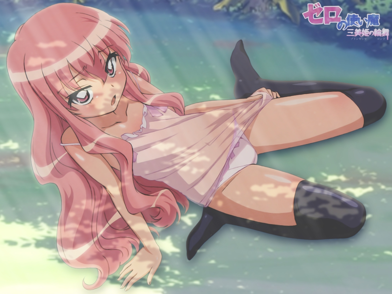 louise francoise le blanc de la valliere, zero no tsukaima, anime screenshot, artist request, non-web source, 00s, 1girl, black thighhighs, camisole, copyright name, dappled sunlight, female focus, hair between eyes, kneeling, loli, long hair, panties, pink eyes, pink hair, see-through clothes, sitting, skindentation, solo, sunlight, thighhighs, underwear, wavy hair