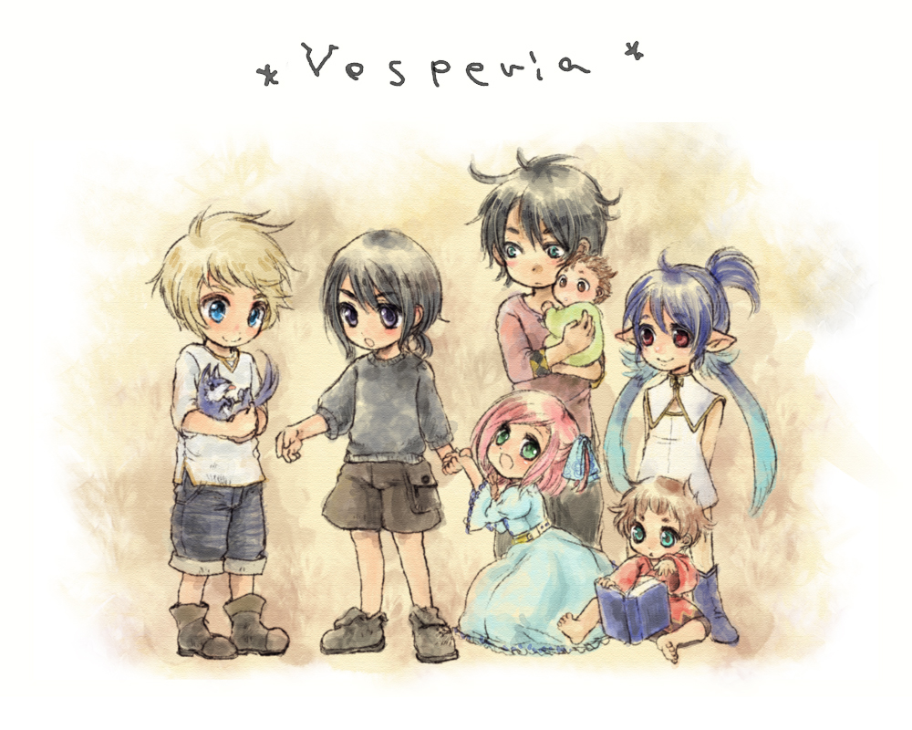 mememe, urihara84, estellise sidos heurassein, flynn scifo, judith (tales), karol capel, raven (tales), repede (tales), rita mordio, yuri lowell, tales of (series), tales of vesperia, bad id, bad pixiv id, 00s, 3girls, 4boys, aged down, baby, barefoot, black hair, blonde hair, blue eyes, blue hair, book, boots, brown hair, child, copyright name, dress, everyone, green eyes, happy, long hair, mordio, multiple boys, multiple girls, open mouth, pink hair, pointy ears, ponytail, purple eyes, purple hair, red eyes, ribbon, short hair, short ponytail, shorts, smile