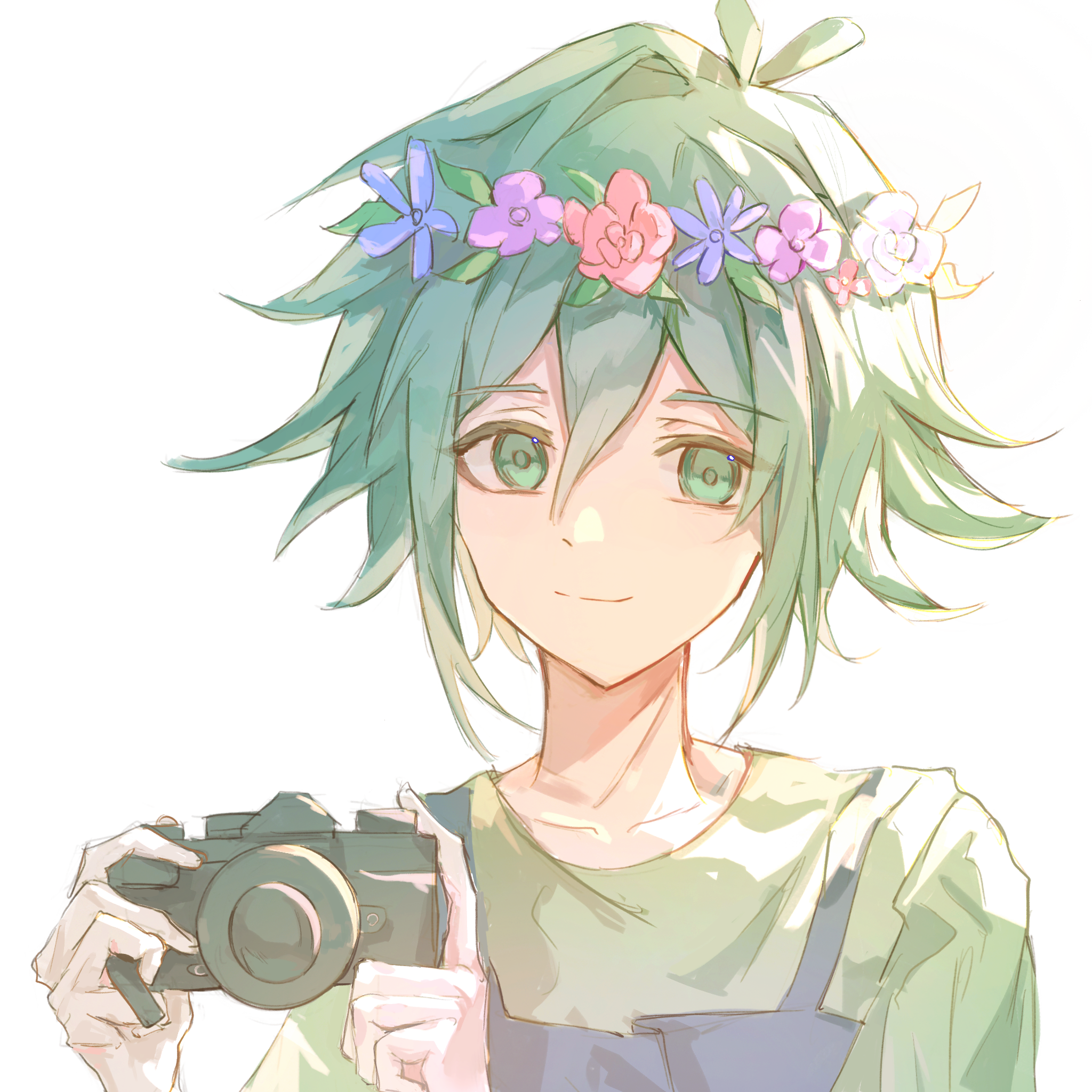 basil (headspace) (omori), basil (omori), omori, highres, 1boy, antenna hair, backlighting, blue flower, blue overalls, camera, closed mouth, collarbone, double-parted bangs, flipped hair, flower, flower wreath, green eyes, green hair, green shirt, hair between eyes, hands up, head wreath, holding, holding camera, judicious32456, leaf, male focus, overalls, pink flower, pink rose, purple flower, rose, shirt, short hair, sidelocks, simple background, single hair intake, smile, solo, upper body, white background