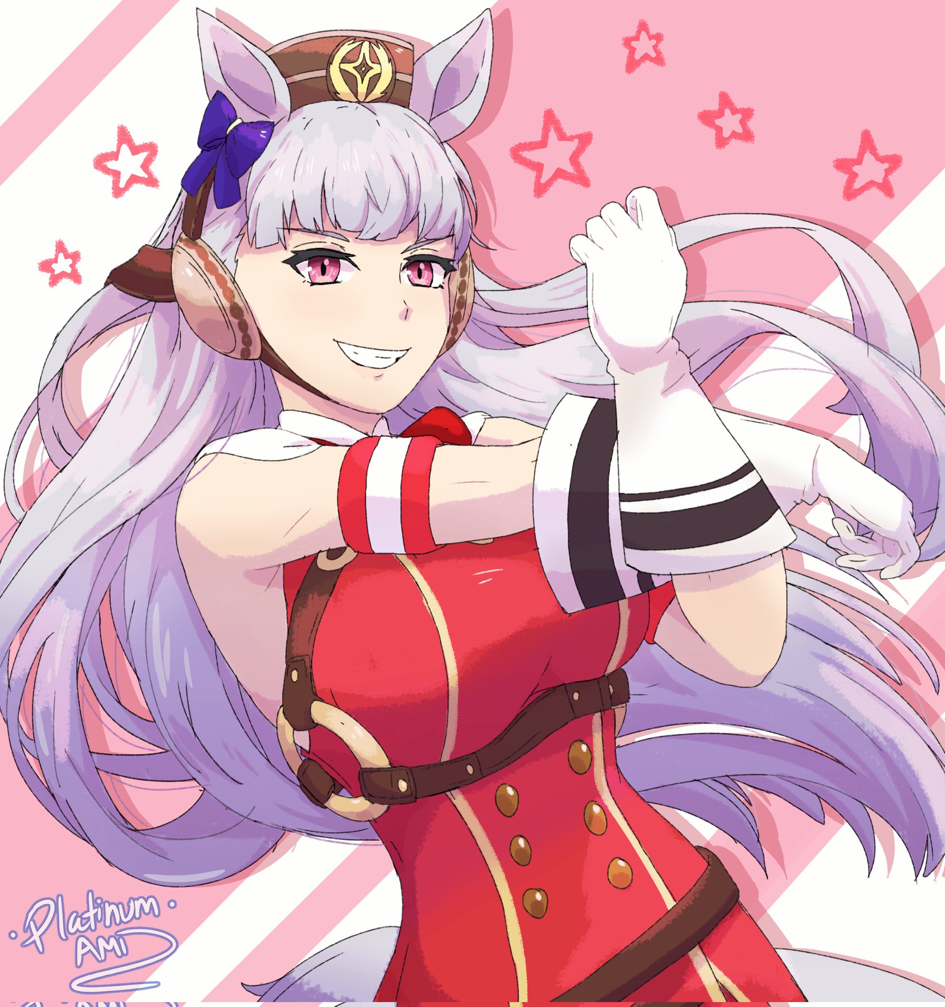 platinum ami, gold ship (red strife) (umamusume), gold ship (umamusume), umamusume, commentary, english commentary, highres, 1girl, animal ears, armband, blunt bangs, bow, bowtie, breasts, brown hat, dress, ear bow, ear ribbon, gloves, grey hair, grin, hat, horse ears, horse girl, horse tail, large breasts, long hair, looking at viewer, open mouth, pillbox hat, purple bow, purple eyes, red armband, red bow, red bowtie, red dress, sleeveless, sleeveless dress, smile, solo, star (symbol), stretching, striped armband, striped clothes, tail, teeth, upper body, white armband, white gloves