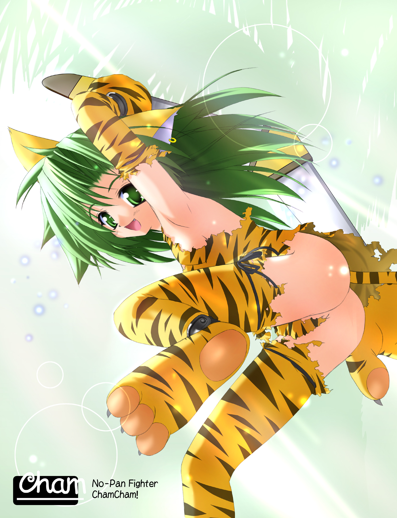 kazami haruki, cham cham, samurai spirits, snk, highres, 1girl, animal ears, animal hands, animal print, ass, boomerang, cat ears, cat tail, earrings, fang, female focus, gloves, green eyes, green hair, jewelry, matching hair/eyes, no panties, paw gloves, paw shoes, pussy, pussy peek, shoes, solo, tail, tiger print, torn clothes