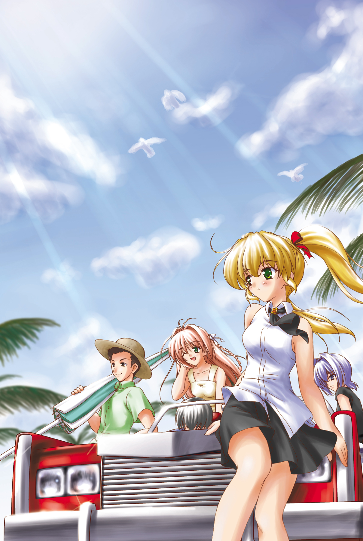kazami haruki, daikuuji ayu, hayase mitsuki, narumi takayuki, suzumiya haruka, taira shinji, kimi ga nozomu eien, highres, 00s, 3girls, antenna hair, black hair, blonde hair, blue eyes, blue hair, braid, brown hair, car, green eyes, hat, long hair, motor vehicle, multiple girls, one eye closed, sitting, smile, twintails, umbrella