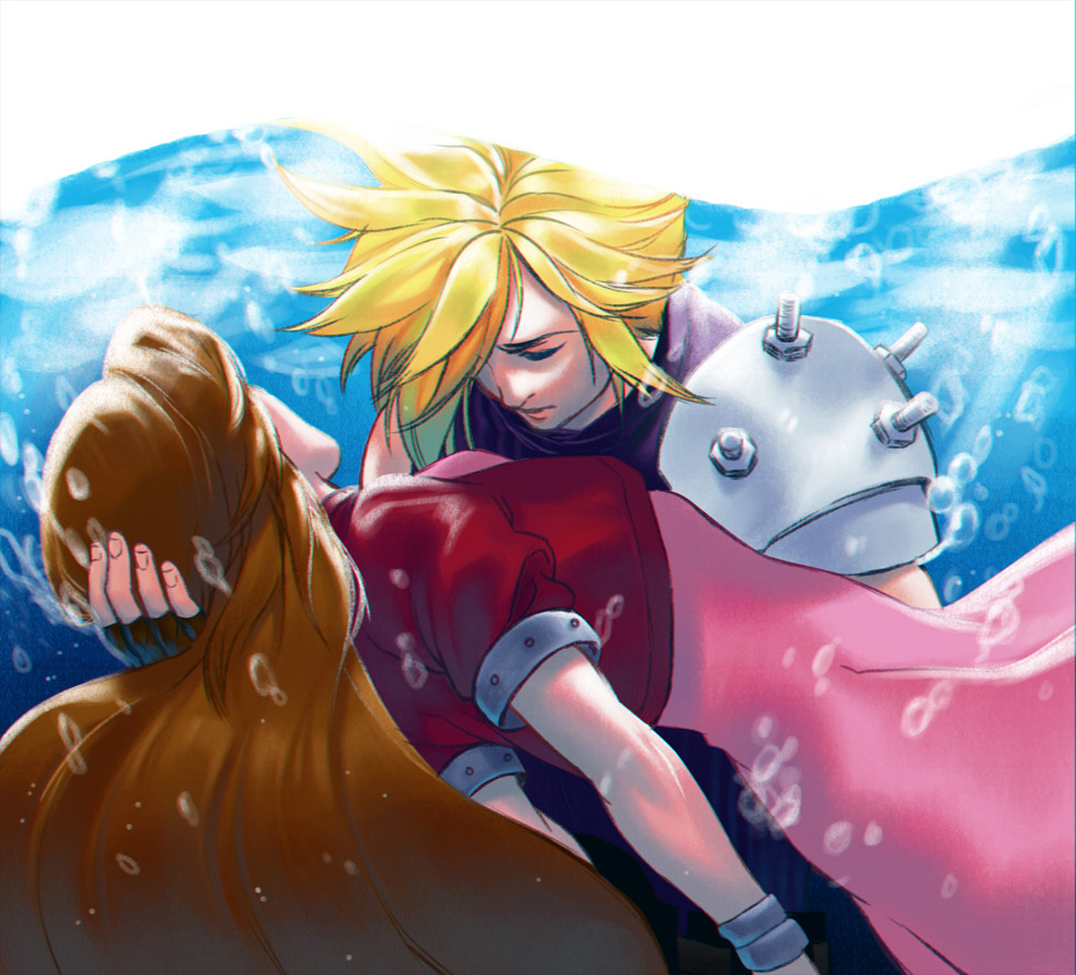 hollyfig, aerith gainsborough, cloud strife, final fantasy, final fantasy vii, 1boy, 1girl, air bubble, armor, bangle, blonde hair, blue shirt, bracelet, breasts, brown gloves, brown hair, bubble, closed eyes, dress, fingerless gloves, gloves, hair over one eye, hand in another's hair, jacket, jewelry, long dress, long hair, medium breasts, parted bangs, pauldrons, pink dress, red jacket, shirt, short hair, short sleeves, shoulder armor, single bare shoulder, single pauldron, sleeveless, sleeveless turtleneck, turtleneck, underwater, upper body