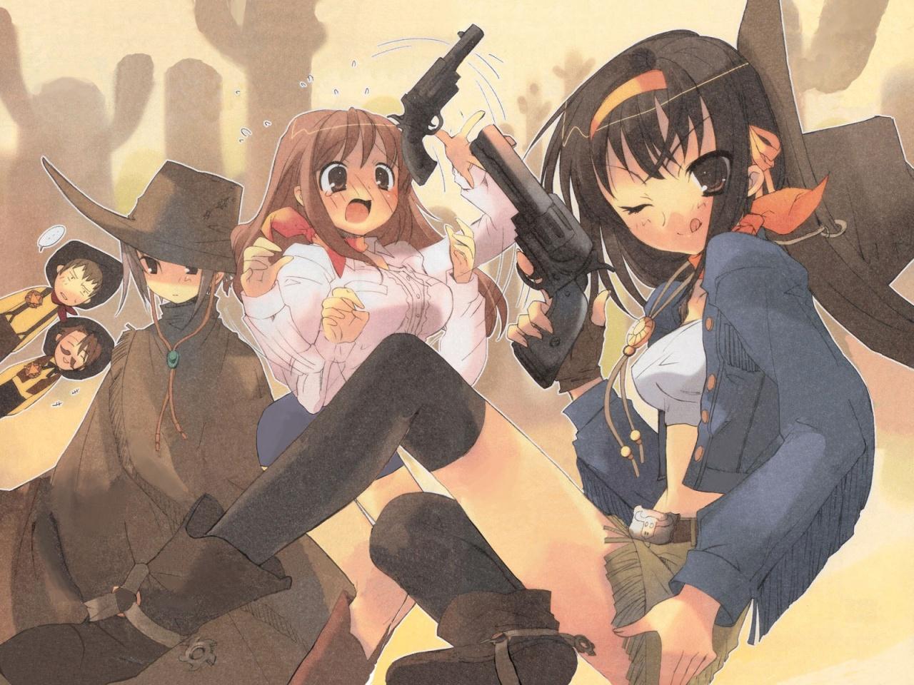 ito noizi, asahina mikuru, koizumi itsuki, kyon, nagato yuki, suzumiya haruhi, suzumiya haruhi no yuuutsu, silver hair, non-web source, scan, scan artifacts, 00s, 2boys, 3girls, belt, black eyes, black hair, blush, boots, brown eyes, brown hair, cloak, cowboy, cowboy hat, cowboy western, facial hair, fringe trim, gun, hairband, handgun, hat, jacket, long hair, midriff, miniskirt, multiple boys, multiple girls, mustache, one eye closed, poncho, revolver, short hair, skirt, smile, spurs, thighhighs, tongue, weapon, western, wink, zettai ryouiki