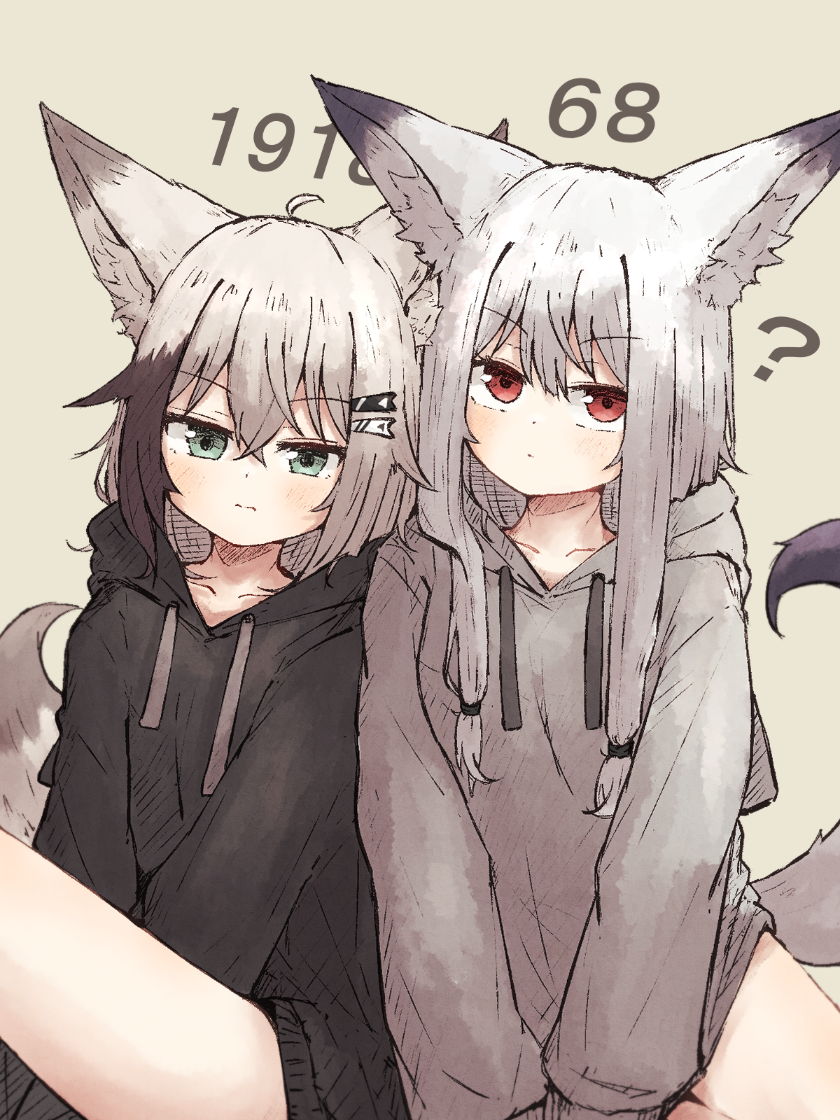 meguru 1225, original, highres, 2girls, ?, animal ears, between legs, black hair, black hoodie, closed mouth, fox ears, fox girl, fox tail, green eyes, grey hoodie, hand between legs, hood, hood down, hoodie, kuon (meguru 1225), light frown, long hair, long sleeves, looking at viewer, looking up, low-tied sidelocks, mayu (meguru 1225), medium hair, multicolored hair, multiple girls, no pants, red eyes, siblings, sidelocks, sisters, sitting, tail, two-tone hair, white hair