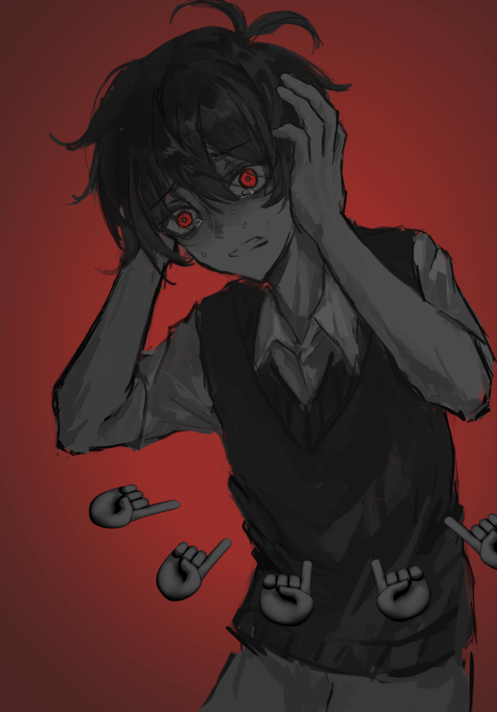 sunny (omori), omori, distress, chinese commentary, commentary request, highres, 1boy, antenna hair, black hair, black sweater vest, brown pants, clenched teeth, collared shirt, cowboy shot, crying, crying with eyes open, double-parted bangs, hair between eyes, hands on own head, judicious32456, looking up, male focus, messy hair, official alternate eye color, pants, pointing, pointing at another, raised inner eyebrows, red background, red eyes, scared, shirt, short hair, short sleeves, simple background, solo, star (symbol), sweat, sweater vest, tears, teeth, very short hair, vignetting, white shirt, wide-eyed