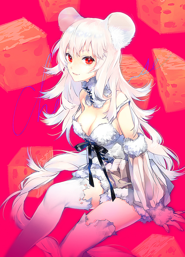 akke (akke299), original, 1girl, animal ears, bare shoulders, black ribbon, breasts, cheese, cleavage, closed mouth, detached collar, detached sleeves, dress, english text, feet out of frame, food, fur-trimmed dress, fur-trimmed sleeves, fur collar, fur trim, invisible chair, long hair, long sleeves, looking at viewer, medium breasts, mouse ears, mouse girl, mouse tail, off shoulder, pink background, red eyes, ribbon, short dress, simple background, sitting, smile, solo, strap slip, tail, thighhighs, torn clothes, torn thighhighs, very long hair, white dress, white hair, white thighhighs