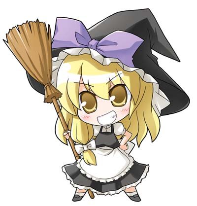 akaneya, kirisame marisa, touhou, bad id, bad pixiv id, lowres, 1girl, black hat, broom, chibi, female focus, full body, hat, simple background, solo