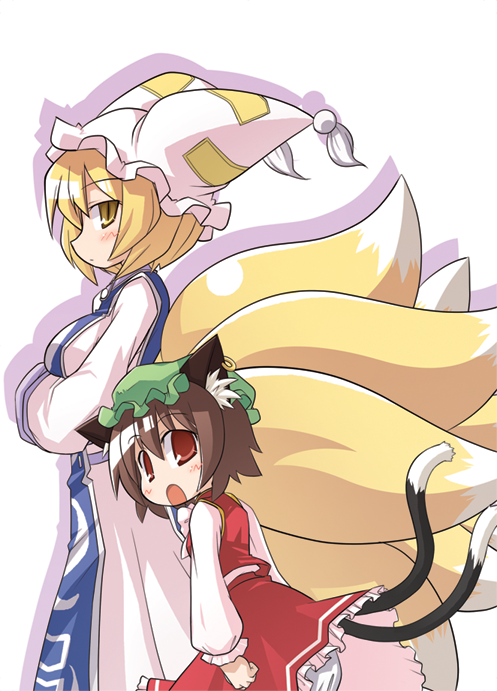 akaneya, chen, yakumo ran, touhou, bad id, bad pixiv id, 2girls, animal ears, blonde hair, brown eyes, brown hair, cat ears, cat girl, cat tail, earrings, female focus, fox tail, hat, jewelry, multiple girls, multiple tails, short hair, tail, yellow eyes
