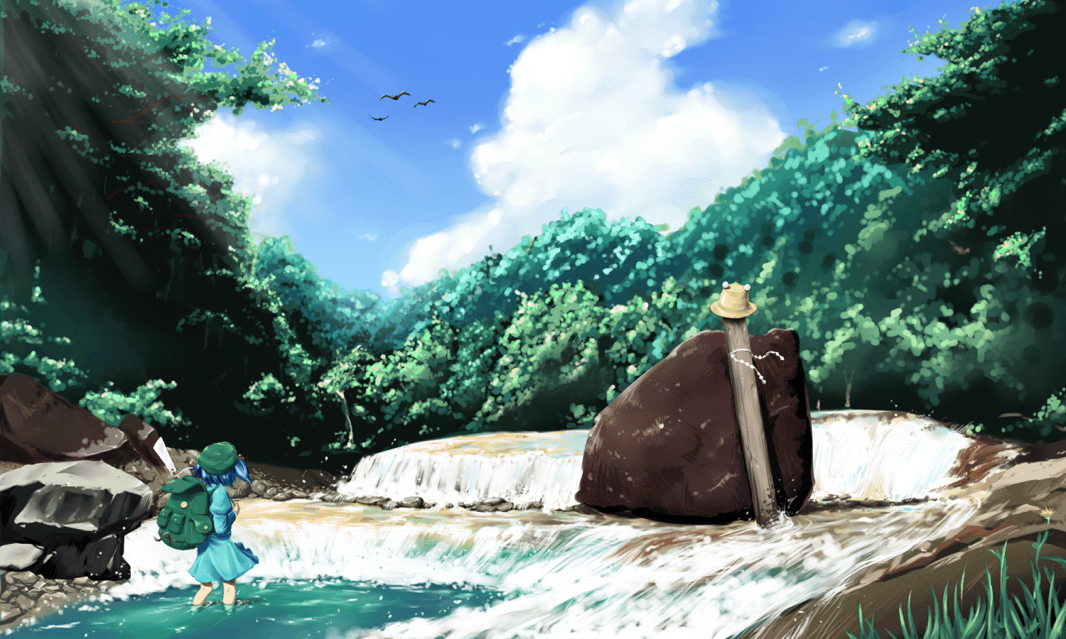 chiro (pixiv), chiro (suzuka98), kawashiro nitori, kochiya sanae, moriya suwako, yasaka kanako, touhou, wood, 1girl, bag, blue hair, female focus, forest, green hat, hat, nature, onbashira, scenery, short hair, solo, two side up