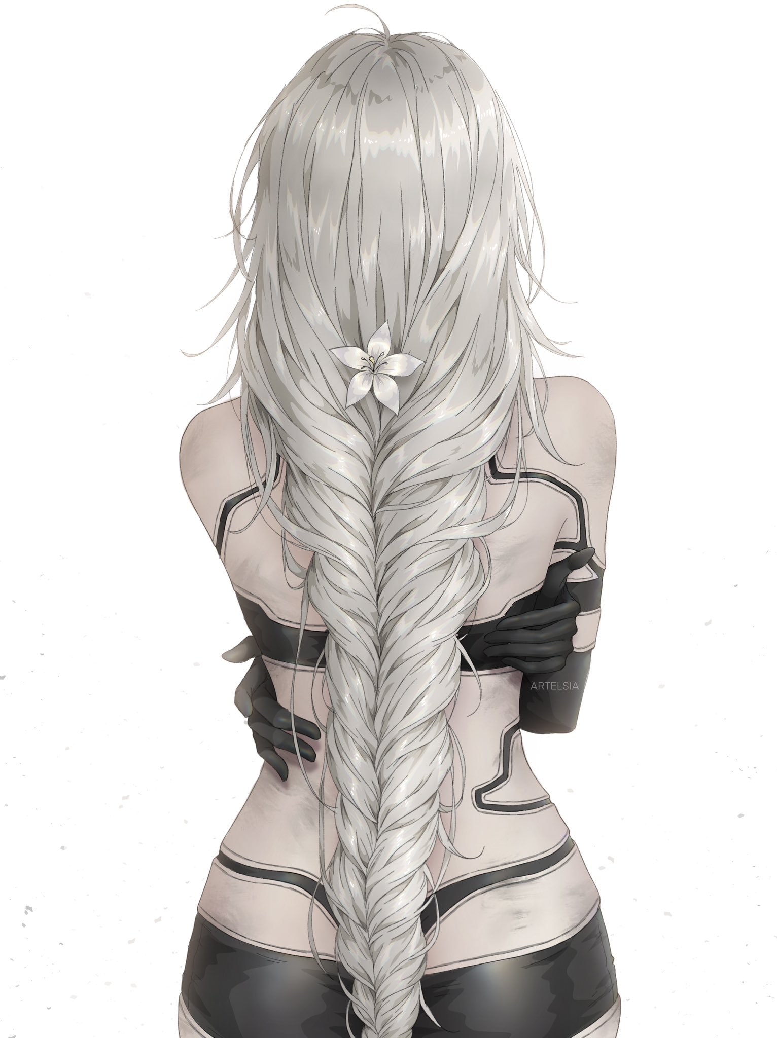 artelsia, a2 (nier:automata), nier:automata, nier (series), commentary, english commentary, highres, 1girl, alternate hairstyle, artist name, ass, braid, flower, from behind, hair flower, hair ornament, long hair, lunar tear, simple background, solo, upper body, very long hair, white background, white flower, white hair