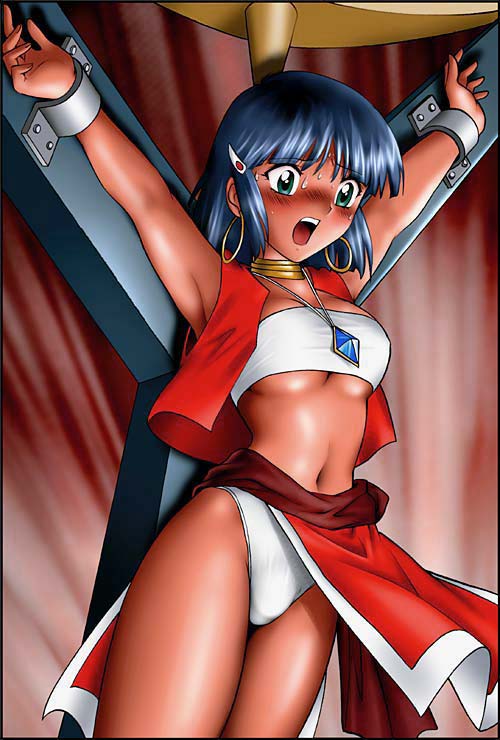 shingyouji tatsuya, nadia la arwall, fushigi no umi no nadia, jpeg artifacts, 1990s (style), 1girl, armpits, arms up, bandeau, bandeau bikini, bdsm, blue hair, blush, bondage, bound, breasts, crucifixion, cuffs, dark-skinned female, dark skin, earrings, female focus, gold trim, green eyes, jewelry, loincloth, midriff, navel, neck ring, necklace, open mouth, outstretched arms, panties, pelvic curtain, retro artstyle, scared, screaming, shackles, short hair, shouting, small breasts, solo, spread arms, strapless, sweat, tube top, underboob, underwear, vest, white bandeau