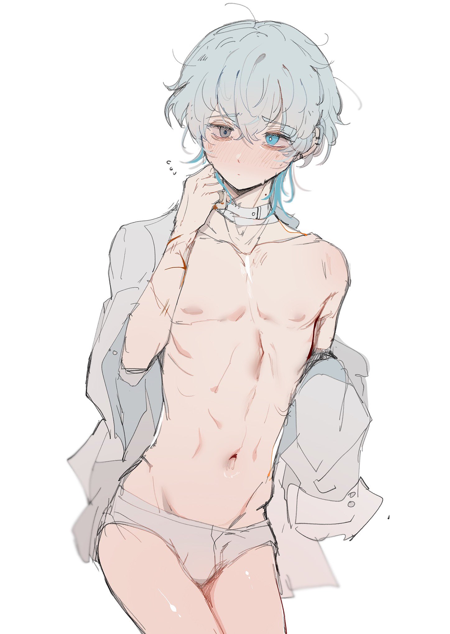 byefrog, original, commentary, highres, 1boy, abs, bishounen, blue eyes, blue hair, collarbone, hair between eyes, heterochromia, multicolored hair, navel, nipples, open clothes, open shirt, skinny, solo, underwear, white background, white hair