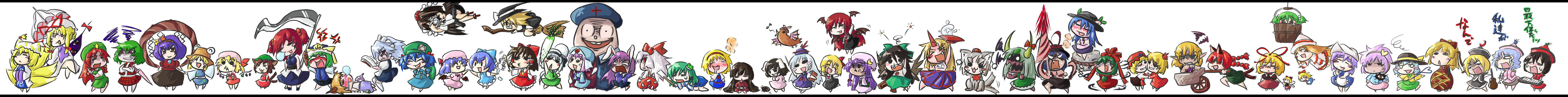 tora (pixiv), tora (trampjing), aki minoriko, aki shizuha, alice margatroid, chen, cirno, ex-keine, flandre scarlet, fujiwara no mokou, hakurei reimu, hinanawi tenshi, hong meiling, hoshiguma yuugi, houraisan kaguya, ibuki suika, inaba tewi, inubashiri momiji, izayoi sakuya, kaenbyou rin, kagiyama hina, kamishirasawa keine, kawashiro nitori, kazami yuuka, kirisame marisa, kisume, koakuma, kochiya sanae, komeiji koishi, komeiji satori, konpaku youmu, kurodani yamame, letty whiterock, lily white, lunasa prismriver, lyrica prismriver, medicine melancholy, merlin prismriver, mizuhashi parsee, moriya suwako, mystia lorelei, mystia lorelei (bird), nagae iku, onozuka komachi, patchouli knowledge, reisen udongein inaba, reiuji utsuho, remilia scarlet, rumia, saigyouji yuyuko, shameimaru aya, shanghai doll, shiki eiki, su-san, wriggle nightbug, yagokoro, yagokoro eirin, yakumo ran, yakumo yukari, yasaka kanako, touhou, eyebrows, silver hair, absurdres, highres, long image, wide image, > <, 6+girls, :3, ^ ^, angry, animal ears, antennae, apron, arm cannon, backpack, bag, barrel, bat wings, blonde hair, blood, blue hair, blush stickers, book, bow, braid, broom, brown eyes, brown hair, bucket, camera, cat ears, cat girl, cat tail, chibi, closed eyes, clothes writing, crescent, crescent moon, cross, detached sleeves, doll, dress, drill, drunk, everyone, fairy wings, fang, female focus, flying, food, fox tail, frills, from behind, front ponytail, fruit, gap (touhou), gem, ghost, green hair, hair bobbles, hair bow, hair ornament, hair ribbon, hairband, hat, hat bow, hat ribbon, horns, ice, instrument, kaname-ishi, key, keyboard (instrument), mirror, moon, multiple girls, multiple tails, musical note, nose bubble, nosebleed, orange hair, outstretched arms, pants, parasol, peach, plaid clothes, plaid skirt, plaid vest, plant, pointy ears, purple hair, rabbit ears, red eyes, red hair, ribbon, rod of remorse, rope, saliva, scythe, shaded face, shawl, short hair, single horn, skirt, skirt set, sleeping, snot, solid circle eyes, star (symbol), tail, tears, third eye, tokin hat, trumpet, twintails, two side up, umbrella, vest, violin, weapon, wings, wooden bucket