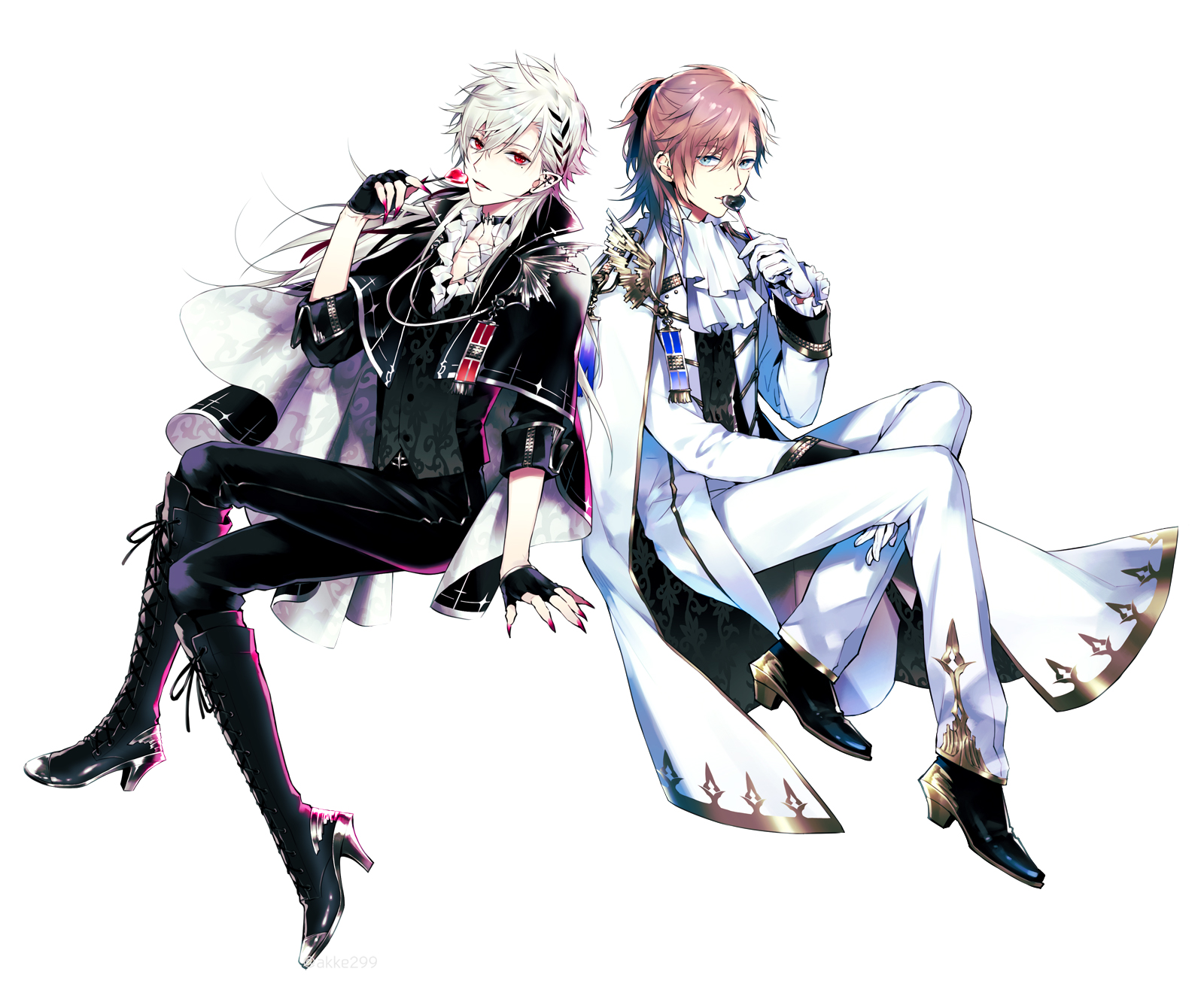 akke (akke299), kanae (nijisanji), kuzuha (nijisanji), nijisanji, highres, official art, 2boys, ascot, black boots, black cape, black choker, black gloves, black jacket, black pants, black shirt, black vest, boots, brown hair, candy, cape, choker, crossed legs, ear piercing, earrings, epaulettes, fangs, fingerless gloves, fingernails, food, frilled shirt, frilled sleeves, frills, full body, gloves, green eyes, hair between eyes, hair ornament, hairclip, half gloves, half updo, high heel boots, high heels, holding, holding candy, holding food, holding lollipop, invisible chair, jacket, jacket on shoulders, jewelry, lace-up boots, lollipop, long hair, long sleeves, looking at viewer, male focus, mole, mole under eye, multiple boys, nail polish, open clothes, open jacket, pale skin, pants, parted lips, piercing, pointy ears, ponytail, red eyes, red nails, sharp fingernails, shirt, short ponytail, simple background, sitting, smile, tongue, tongue out, vampire, vest, virtual youtuber, white ascot, white background, white cape, white gloves, white hair, white jacket, white pants, white shirt
