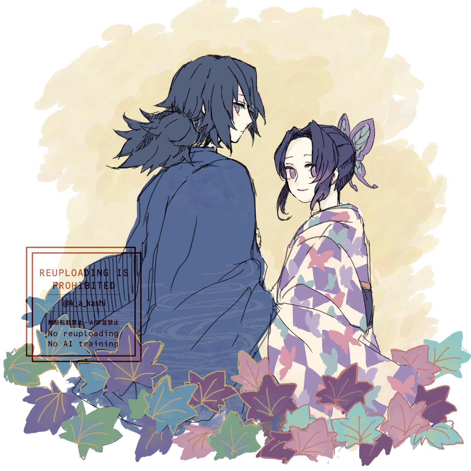 kochou shinobu, tomioka giyuu, kimetsu no yaiba, highres, 1boy, 1girl, animal print, black eyes, black haori, border, butterfly hair ornament, butterfly print, hair ornament, haori, hat, japanese clothes, k a kashi, leaf, light smile, long hair, looking at viewer, low ponytail, parted bangs, ponytail, print hat, purple eyes, sidelocks, twintails, updo, white border, wide sleeves, yellow background