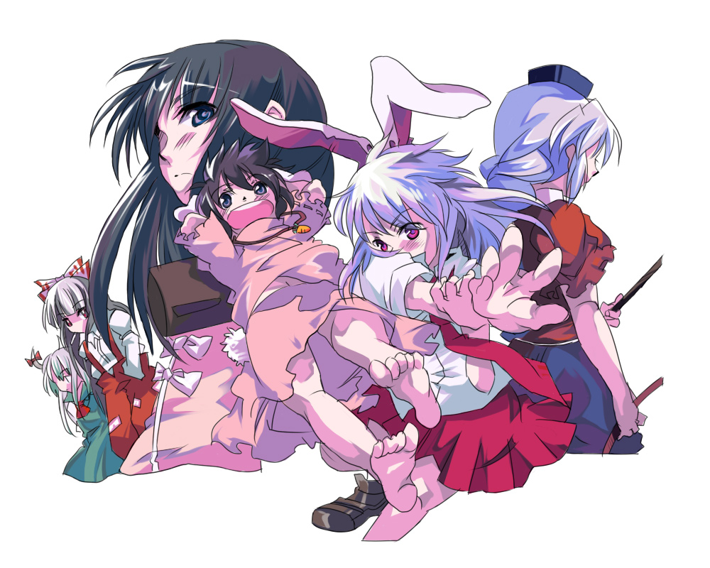 kimino tomonari, ex-keine, fujiwara no mokou, houraisan kaguya, inaba tewi, kamishirasawa keine, reisen udongein inaba, yagokoro eirin, touhou, light purple hair, bad id, bad pixiv id, 6+girls, animal ears, arms behind head, ascot, barefoot, black hair, blush, bow, bow (weapon), braid, carrot, cigarette, dress, dress shirt, everyone, feet, female focus, foreshortening, frills, full body, green dress, grey hair, hair bow, hands in pockets, hat, horns, loafers, long hair, mallet, midriff, multicolored eyes, multicolored hair, multiple girls, navel, necktie, open mouth, pants, pink dress, pleated skirt, rabbit ears, rabbit girl, rabbit tail, red eyes, shirt, shoes, short hair, simple background, skirt, suspenders, tail, two-tone hair, very long hair, weapon, white background