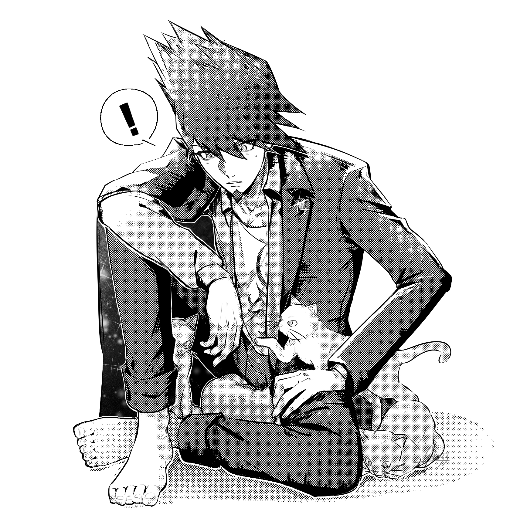 gaba33, momota kaito, danganronpa (series), danganronpa v3: killing harmony, commentary request, highres, !, 1boy, animal, arm on knee, barefoot, cat, coat, coat partially removed, collarbone, collared coat, collared jacket, crossed ankles, denim, downturned eyes, eyes visible through hair, facial hair, feet, flame print, flat chest, full body, glint, goatee, hair between eyes, halftone, hand on own thigh, jacket, jeans, knee up, lapel pin, lapels, layered sleeves, light frown, long sleeves, looking at animal, male focus, notched lapels, open clothes, open jacket, pants, parted lips, pectoral cleavage, pectorals, print coat, print shirt, shadow, shirt, short hair, simple background, sitting, solo, space print, speech bubble, spiked hair, spoken exclamation mark, starry sky print, surprised, toenails, toes, two-sided coat, two-sided fabric, white background