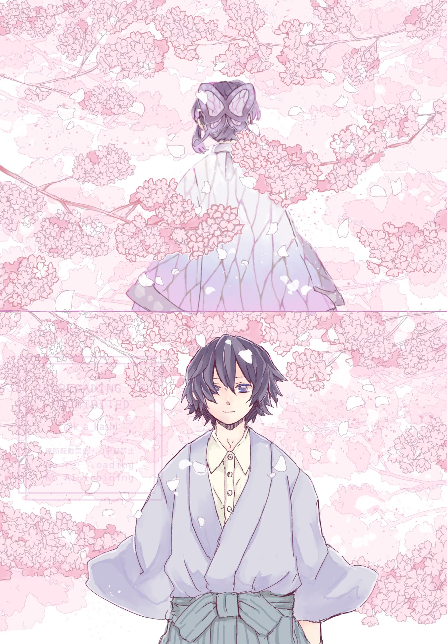 kochou shinobu, tomioka giyuu, kimetsu no yaiba, highres, 1boy, 1girl, animal print, butterfly hair ornament, butterfly print, cherry blossoms, closed mouth, collared shirt, facing away, falling petals, flower, hair between eyes, hair ornament, haori, japanese clothes, k a kashi, light smile, looking at another, looking at viewer, petals, pink flower, pink petals, print haori, shirt, short hair, upper body, white shirt