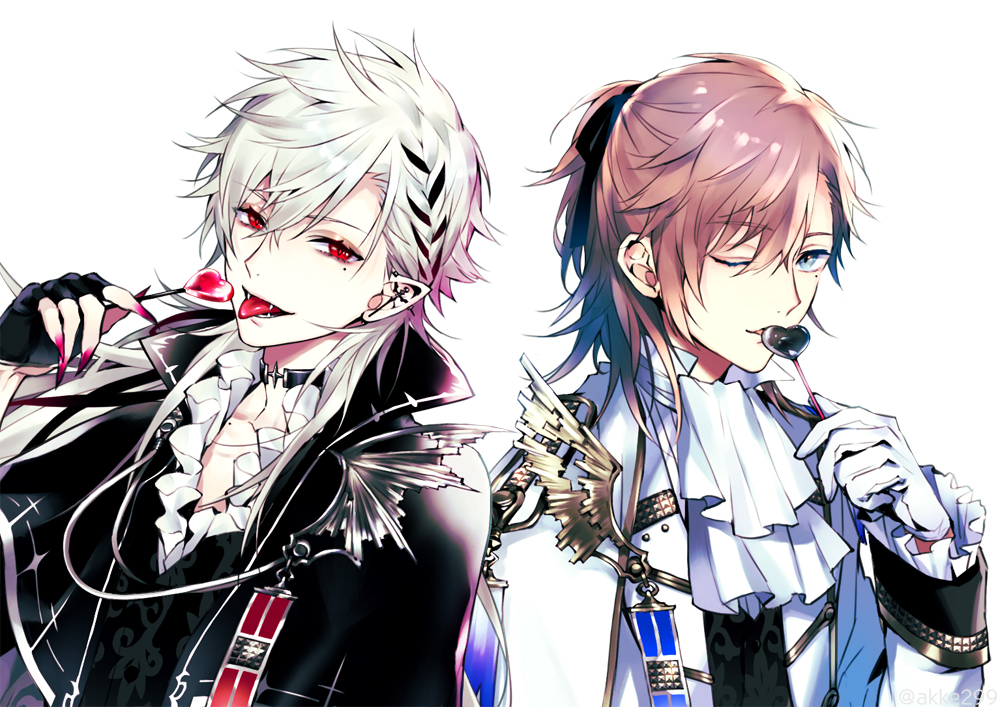 akke (akke299), kanae (nijisanji), kuzuha (nijisanji), nijisanji, official art, 2boys, ascot, black cape, black gloves, black ribbon, black shirt, brown hair, candy, cape, choker, ear piercing, earrings, epaulettes, fangs, fingerless gloves, fingernails, food, frilled shirt, frilled sleeves, frills, gloves, green eyes, hair between eyes, hair ribbon, half updo, holding, holding candy, holding food, holding lollipop, jacket, jewelry, licking, lollipop, long hair, looking at viewer, male focus, mole, mole under eye, multiple boys, nail polish, one eye closed, open mouth, pale skin, parted lips, piercing, pointy ears, ponytail, red eyes, red nails, ribbon, sharp fingernails, shirt, short ponytail, simple background, smile, tongue, tongue out, upper body, vampire, virtual youtuber, white ascot, white background, white cape, white gloves, white hair, white jacket