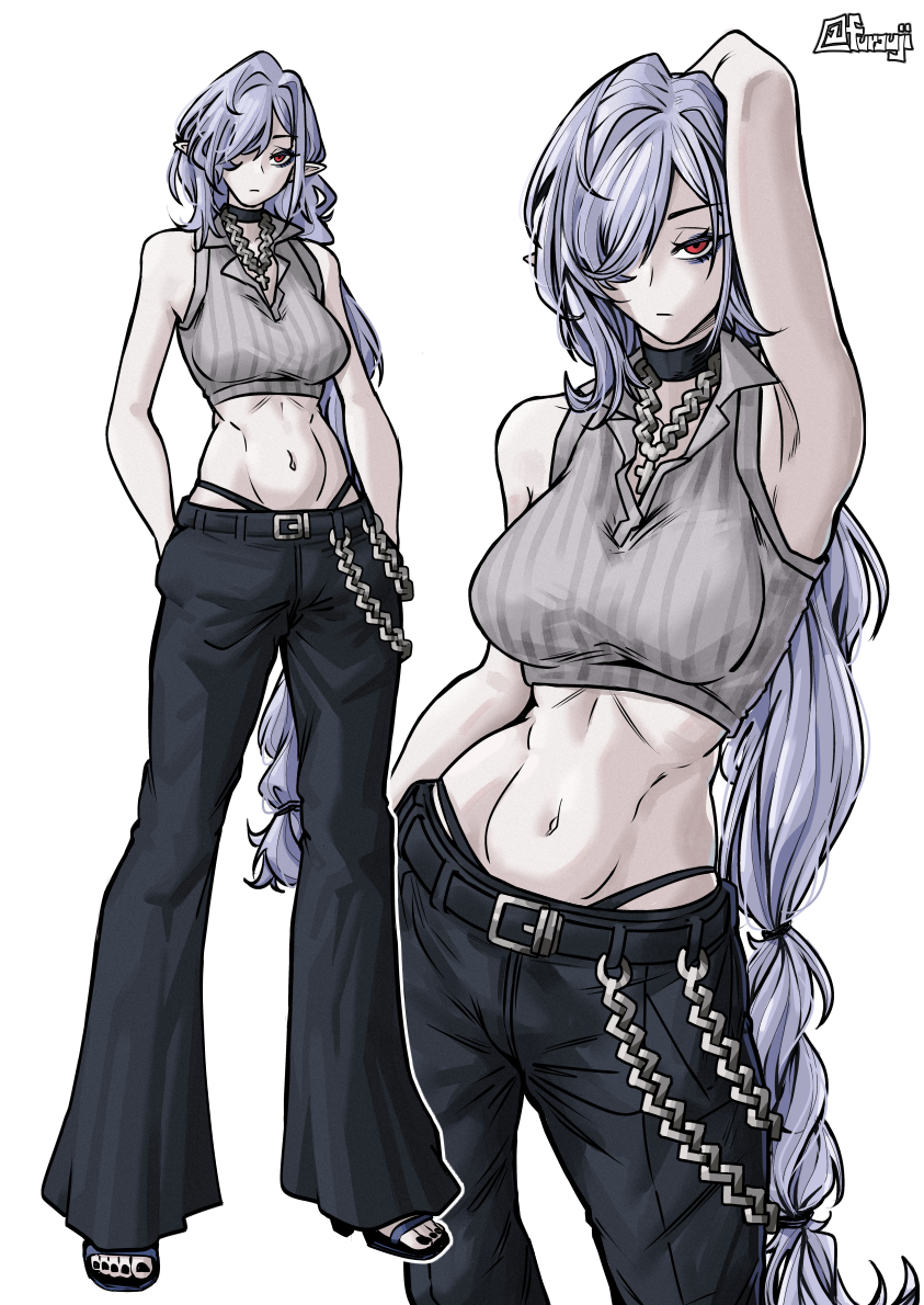 furauji, gladiia (arknights), arknights, 1girl, arm behind head, black pants, black sandals, breasts, chain, chain necklace, crop top, full body, grey hair, hair over one eye, hands in pockets, jewelry, large breasts, long hair, multiple views, nail polish, navel, necklace, pants, panty straps, red eyes, sandals, simple background, toenail polish, toenails, very long hair, white background
