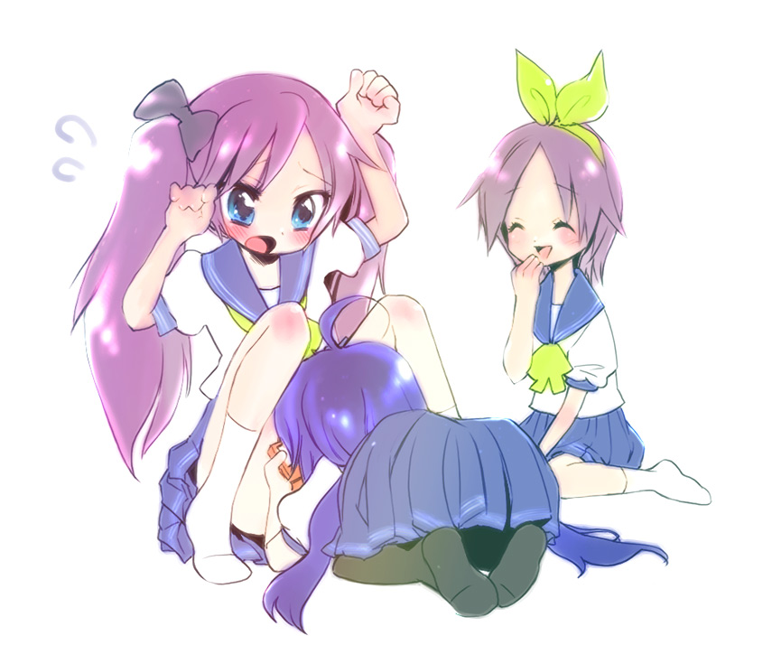 yokoyari mengo, hiiragi kagami, hiiragi tsukasa, izumi konata, lucky star, bad id, bad pixiv id, 00s, all fours, blue eyes, blue hair, blush, long hair, purple hair, school uniform, serafuku, short hair, socks, twintails