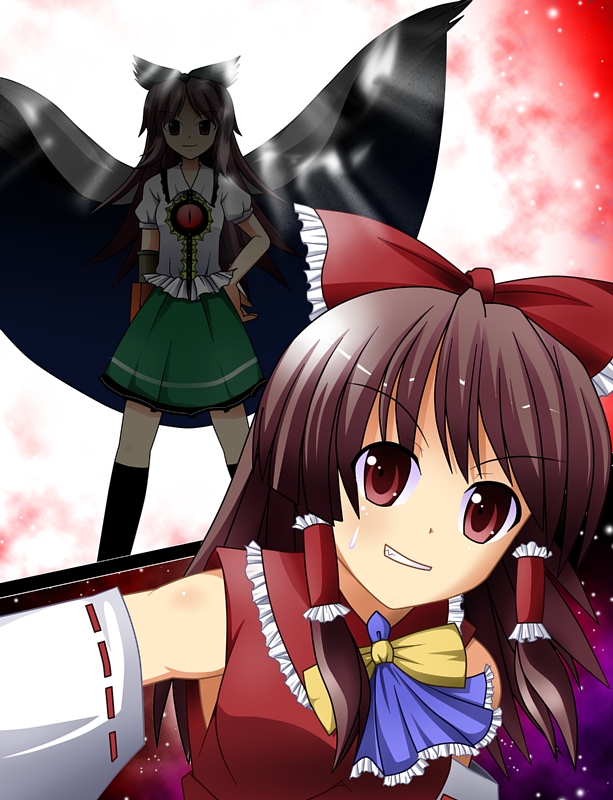 mizunashi tomo, shido, hakurei reimu, reiuji utsuho, subterranean animism, touhou, 2girls, arm cannon, cape, female focus, japanese clothes, miko, multiple girls, ribbon, weapon, wings