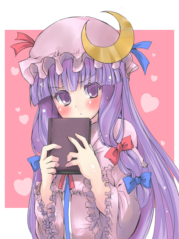 paopao, tsutsumi, patchouli knowledge, touhou, bad id, bad pixiv id, 1girl, blush, book, bow, crescent, female focus, frown, hair bow, hat, long hair, multiple hair bows, purple hair, ribbon, solo