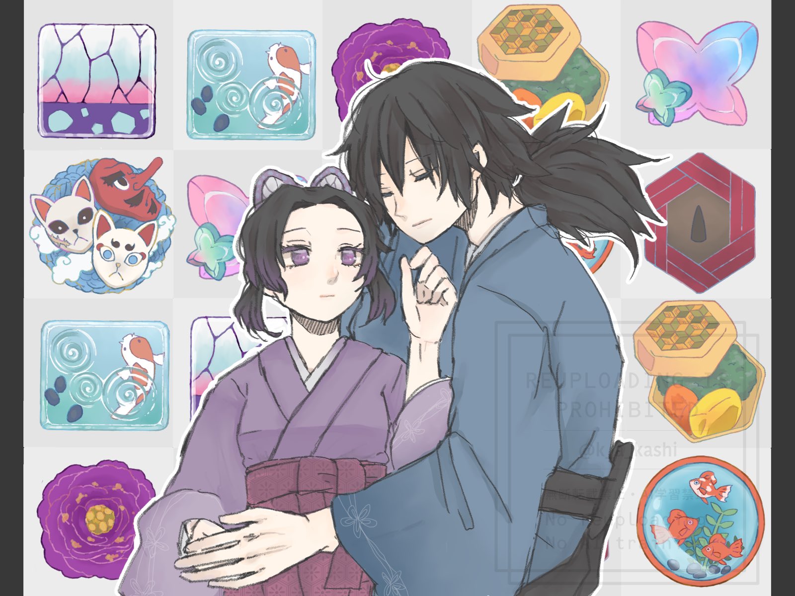 kochou shinobu, tomioka giyuu, kimetsu no yaiba, highres, 1boy, 1girl, black hair, blue kimono, breasts, butterfly hair ornament, cat mask, closed eyes, couple, grey background, hair between eyes, hair ornament, hetero, holding hands, japanese clothes, k a kashi, kimono, koi, long hair, looking at another, low ponytail, mask, medium breasts, parted bangs, ponytail, purple eyes, purple kimono, sidelocks, upper body