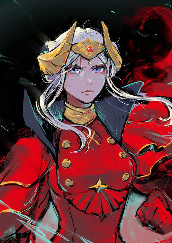 cheppo, edelgard von hresvelg, edelgard von hresvelg (timeskip), fire emblem, fire emblem: three houses, nintendo, commentary, english commentary, 1girl, black background, blonde hair, breasts, cape, clenched hand, closed mouth, collared cape, dated commentary, double bun, dress, fake horns, hair bun, hair up, headpiece, horns, looking to the side, medium breasts, purple eyes, red cape, red dress, shade, solo, standing, upper body