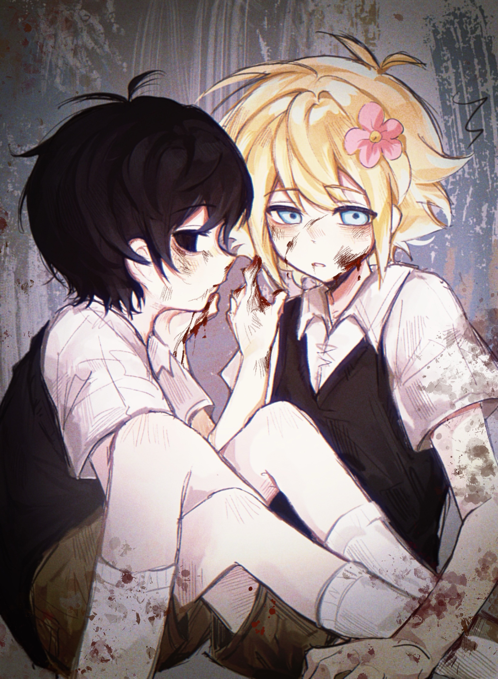 basil (faraway) (omori), basil (omori), sunny (omori), omori, chinese commentary, commentary request, highres, procreate (medium), 2boys, ^^^, antenna hair, bags under eyes, black eyes, black hair, black sweater vest, blonde hair, blood, blood on arm, blood on clothes, blood on face, blood on hands, blue eyes, brown shorts, chromatic aberration, closed mouth, collared shirt, double-parted bangs, empty eyes, feet out of frame, flower, grey background, hair between eyes, hair flower, hair ornament, hand on another's cheek, hand on another's face, hand up, knees up, looking at viewer, looking back, luoqiloveguangyu, male focus, multiple boys, no pupils, parted lips, pink flower, profile, shirt, short hair, short sleeves, shorts, sidelocks, sideways glance, simple background, sitting, sweater vest, vignetting, white shirt