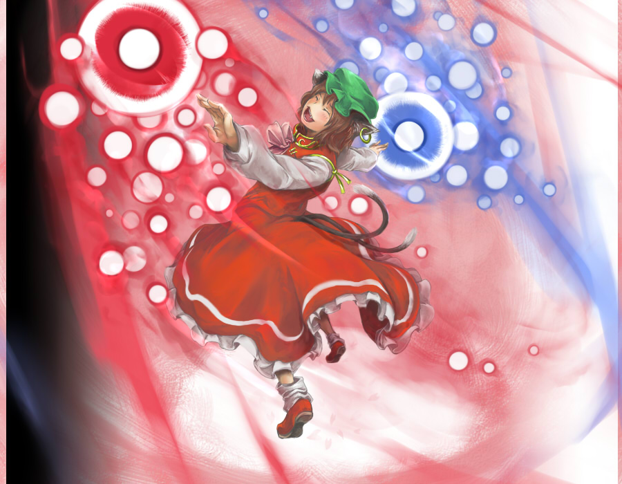 kasu, chen, touhou, bad id, bad pixiv id, 1girl, animal ears, brown hair, cat ears, cat girl, cat tail, danmaku, earrings, female focus, foreshortening, gradient background, happy, hat, jewelry, multiple tails, ribbon, short hair, skirt, smile, solo, tail