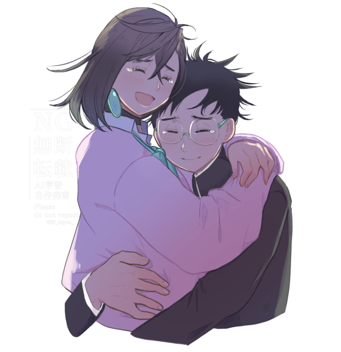 ayase momo, takakura ken (dandadan), dandadan, 1boy, 1girl, 39 dayoo, aqua bow, aqua bowtie, arm around back, arms around neck, black choker, black hair, black jacket, bow, bowtie, brown hair, choker, closed eyes, closed mouth, collared shirt, couple, cropped torso, crossed bangs, earrings, gakuran, glasses, hair between eyes, happy tears, hetero, hug, jacket, jewelry, long sleeves, medium hair, open mouth, parted bangs, pink sweater, round eyewear, school uniform, shirt, short hair, smile, sweater, tears, upper body, white background, white shirt