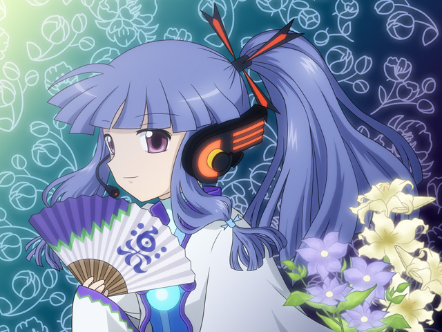 mako (mofuncho), furude rika, kamui gakupo, higurashi no naku koro ni, vocaloid, md5 mismatch, 1girl, blue hair, cosplay, female focus, flower, folding fan, hand fan, headphones, holding, holding fan, japanese clothes, kamui gakupo (cosplay), long hair, microphone, ponytail, purple eyes, ribbon, solo