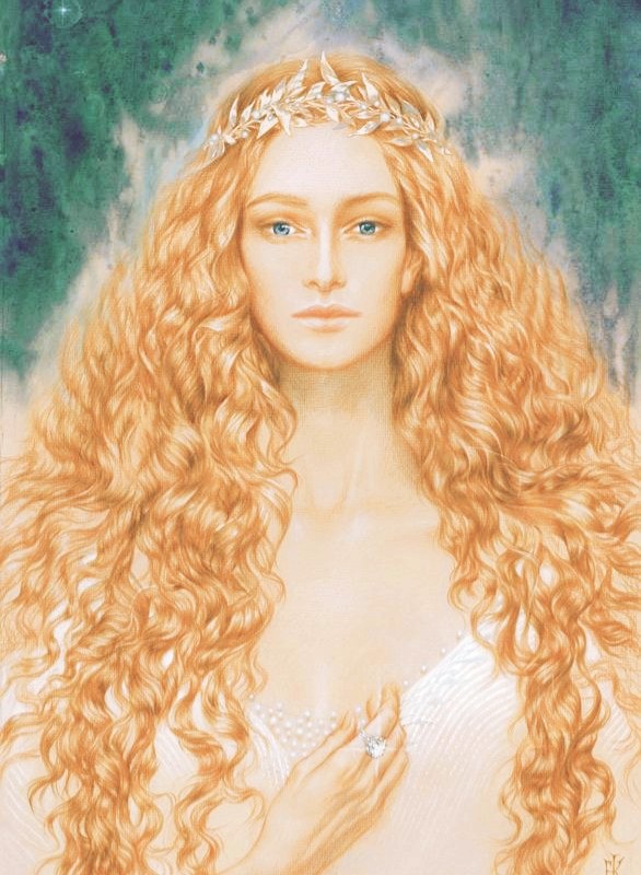 elena kukanova, galadriel, the lord of the rings, tolkien's legendarium, 1girl, blonde hair, blue eyes, diamond (gemstone), dress, elf, glint, glowing, jewelry, laurel crown, laurels, long hair, looking at viewer, pointy ears, queen, ring, solo, wavy hair, white dress