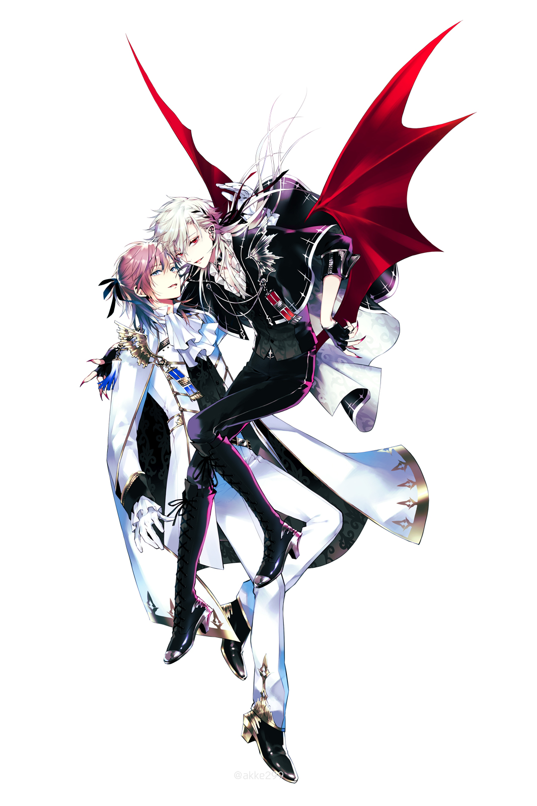 akke (akke299), kanae (nijisanji), kuzuha (nijisanji), nijisanji, highres, official art, 2boys, ascot, bat wings, black boots, black cape, black choker, black gloves, black pants, black ribbon, black shirt, boots, brown hair, cape, choker, ear piercing, earrings, epaulettes, falling, fingerless gloves, fingernails, floating hair, frilled shirt, frilled sleeves, frills, full body, gloves, green eyes, hair ornament, hair ribbon, hairclip, half updo, hand on another's shoulder, high heels, jacket, jewelry, long fingernails, long hair, long sleeves, looking at another, male focus, multiple boys, nail polish, pale skin, pants, parted lips, piercing, pink hair, pointy ears, ponytail, red eyes, red nails, red wings, ribbon, sharp fingernails, shirt, short ponytail, simple background, smile, vampire, virtual youtuber, white ascot, white background, white cape, white gloves, white hair, white jacket, white pants, wings