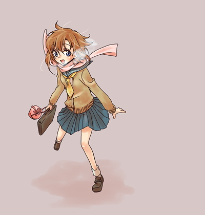 ryuuguu rena, higurashi no naku koro ni, lowres, 00s, bag, blue eyes, brown hair, jacket, necktie, scarf, school bag, school uniform, serafuku, short hair, solo