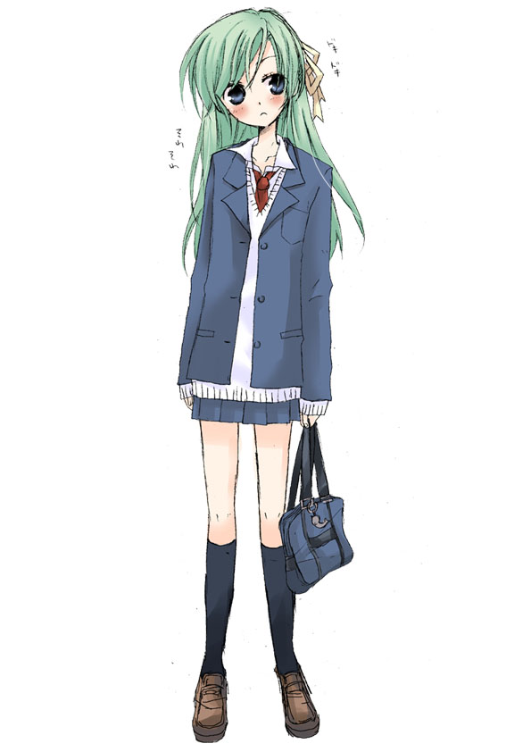 ico (pekoguest), sonozaki shion, higurashi no naku koro ni, 00s, 1girl, bag, blue eyes, female focus, full body, green hair, loafers, long hair, necktie, ribbon, school uniform, shoes, simple background, solo, white background
