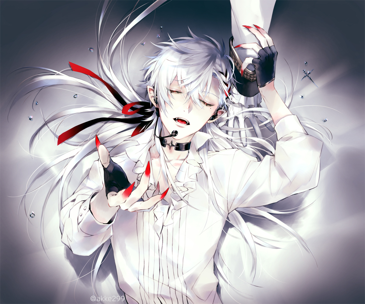 akke (akke299), kanae (nijisanji), kuzuha (nijisanji), nijisanji, official art, 2boys, bishounen, black choker, black gloves, braid, choker, closed eyes, cross, ear piercing, earrings, eyelashes, fangs, fingerless gloves, fingernails, frilled shirt, frills, gloves, hair between eyes, hair ribbon, hair spread out, hand on another's arm, hand up, headset, jewelry, long fingernails, long hair, long sleeves, low ponytail, lying, male focus, microphone, mole, mole under eye, multiple boys, music, nail polish, on back, open mouth, out of frame, pale skin, piercing, pointy ears, ponytail, red nails, red ribbon, ribbon, sharp fingernails, shirt, singing, solo focus, upper body, vampire, virtual youtuber, white gloves, white hair, white shirt