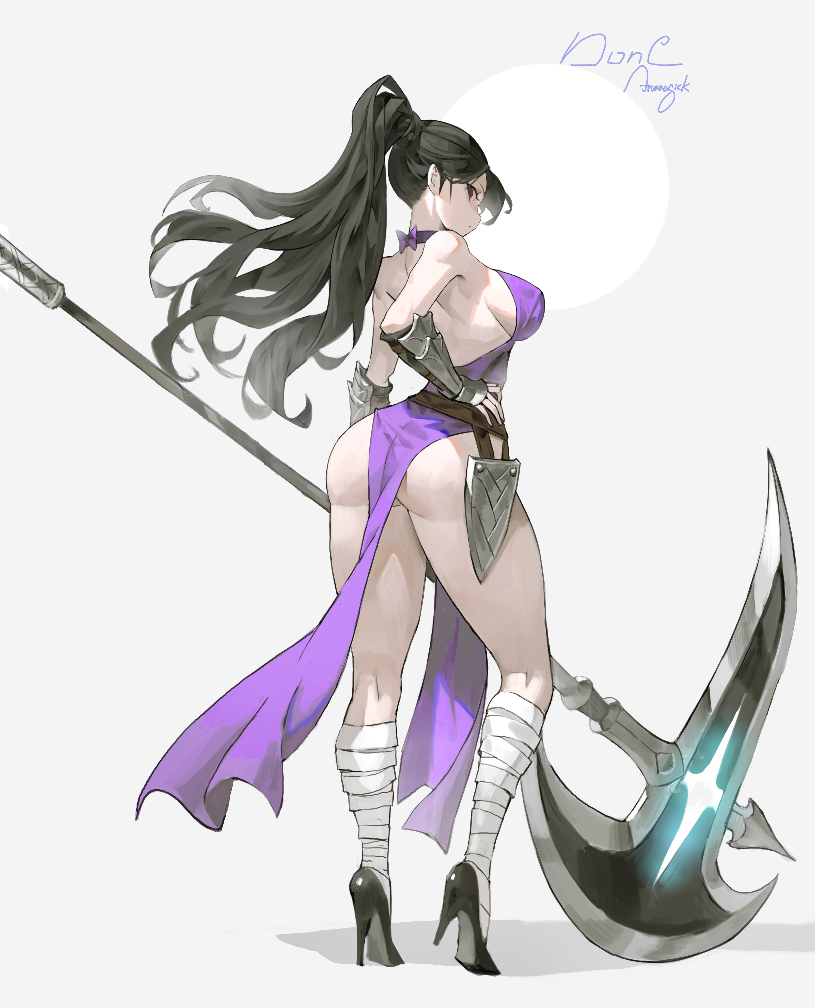 arowana2111, original, absurdres, highres, 1girl, artist name, ass, axe, back, backless outfit, bandaged leg, bandages, bare back, bare shoulders, black hair, black shoes, bow, bowtie, breasts, dress, eyelashes, from behind, full body, gauntlets, halberd, hand on own hip, high heels, high ponytail, holding, holding polearm, holding weapon, large breasts, long hair, looking at viewer, looking back, no panties, pelvic curtain, polearm, ponytail, purple bow, purple dress, red eyes, shoes, shoulder blades, side slit, sideboob, simple background, sleeveless, sleeveless dress, solo, standing, thighs, weapon, white background