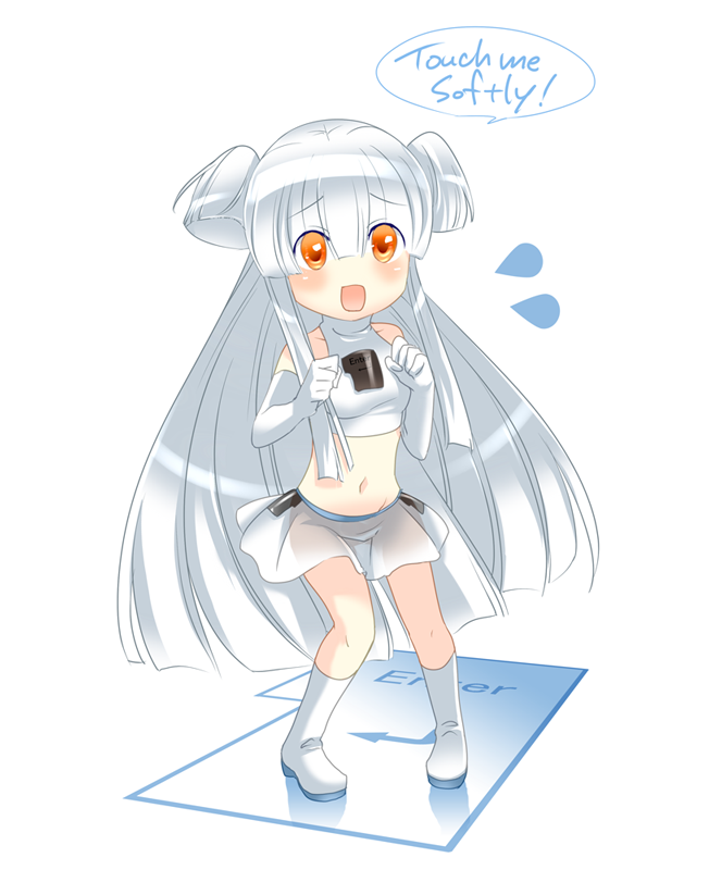 caffein, enter key-chan, original, 1girl, blush, english text, female focus, long hair, midriff, orange eyes, see-through clothes, solo, transparent background, very long hair, white hair