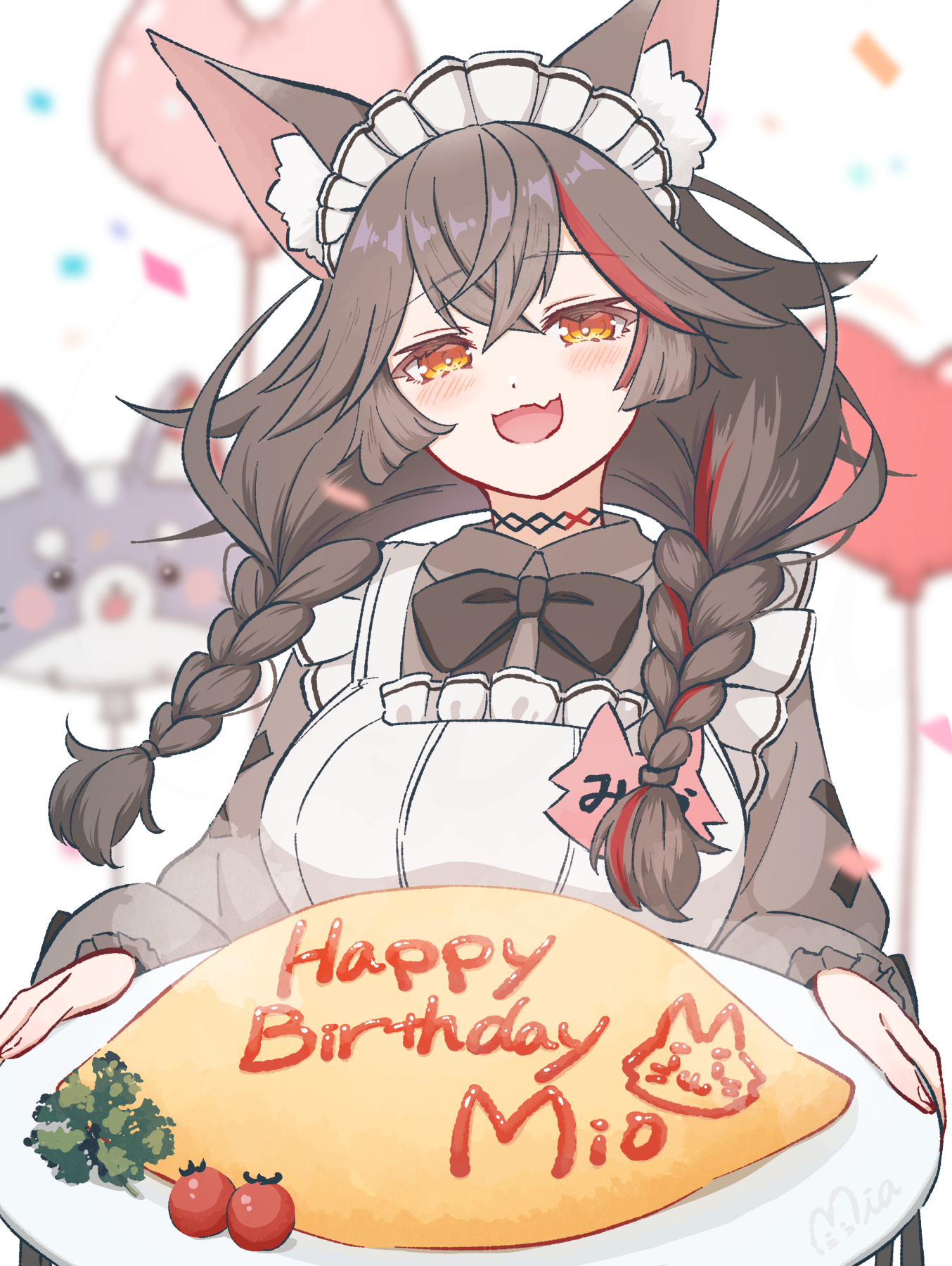 mia960, miofa (ookami mio), ookami mio, ookami mio (8th costume), hololive, commentary request, highres, 1girl, :d, animal ear fluff, animal ears, apron, balloon, black bow, black bowtie, black hair, blurry, blurry background, blush, bow, bowtie, braid, brown eyes, cherry tomato, crossed bangs, fang, food, grey shirt, happy birthday, heart balloon, holding, holding plate, long hair, long sleeves, looking at viewer, multicolored hair, omelet, omurice, open mouth, plate, red hair, shirt, skin fang, smile, solo, streaked hair, tomato, twin braids, virtual youtuber, white background, wolf ears, wolf girl