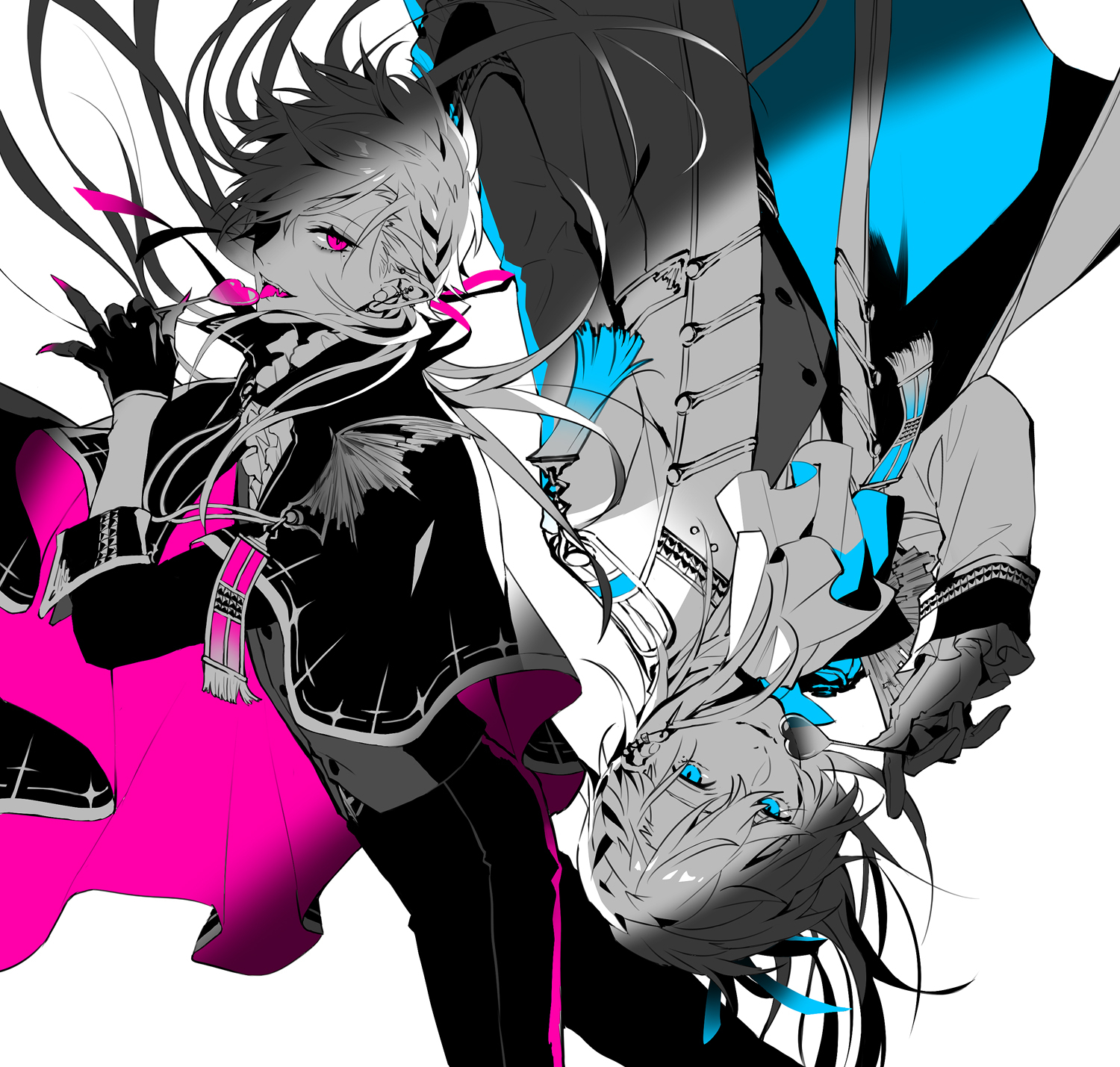akke (akke299), kanae (nijisanji), kuzuha (nijisanji), nijisanji, highres, official art, 2boys, aiguillette, ascot, bishounen, black cape, black gloves, blue eyes, blue ribbon, buttons, candy, cape, closed mouth, coat, double-breasted, ear piercing, earrings, epaulettes, fangs, fingernails, floating hair, food, gloves, hair between eyes, hair ribbon, half gloves, hand up, high collar, holding, holding candy, holding food, holding lollipop, jacket, jewelry, licking, limited palette, lollipop, long hair, long sleeves, looking at viewer, low ponytail, male focus, monochrome, multiple boys, nail polish, open mouth, pants, parted lips, piercing, pink eyes, pink nails, pink ribbon, ponytail, ribbon, rotational symmetry, sharp fingernails, shirt, simple background, smile, spot color, tongue, tongue out, two-sided cape, two-sided fabric, upside-down, vampire, very long hair, vest, virtual youtuber, white ascot, white background