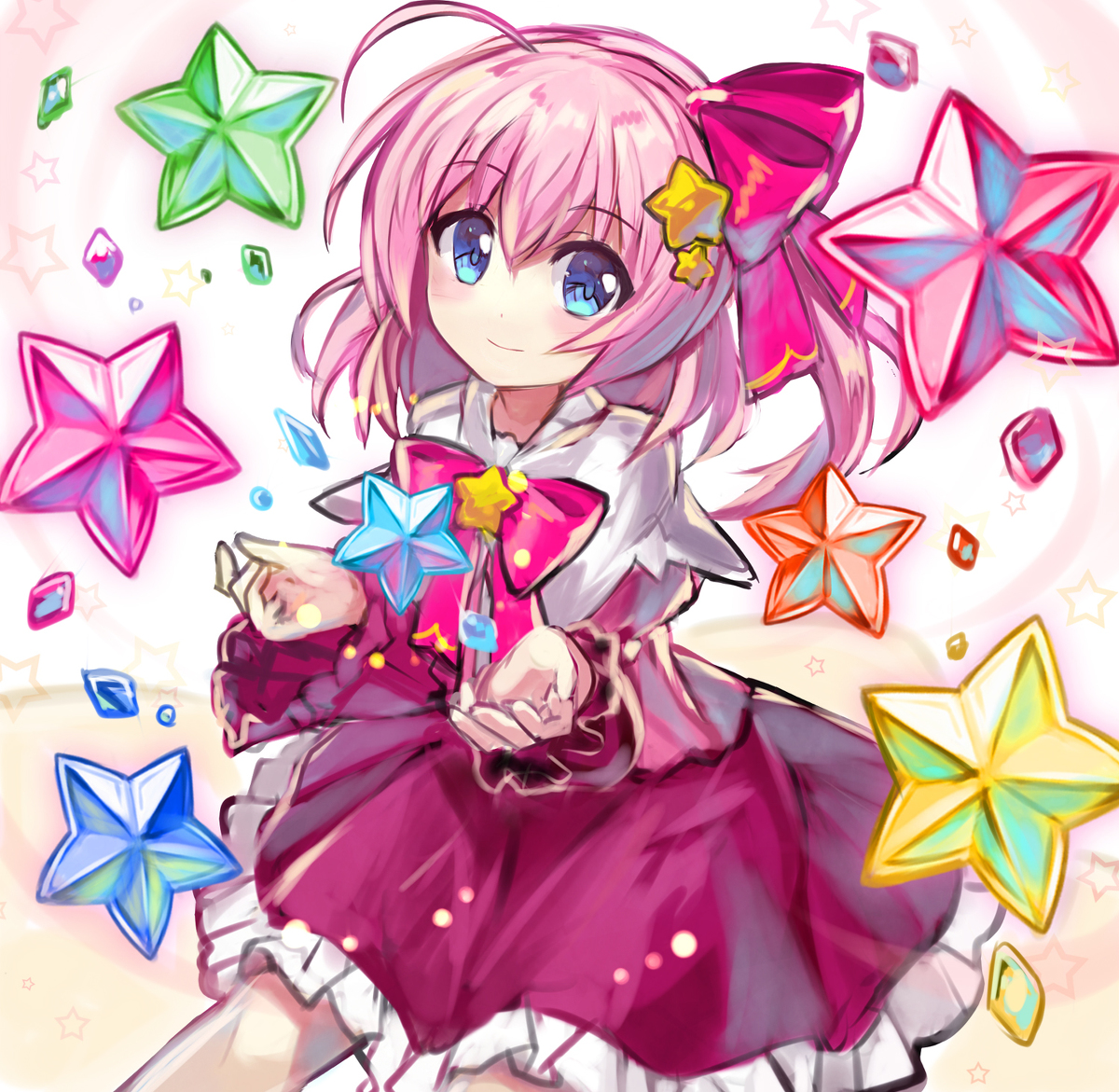 fuepo, kirby, kirby (series), nintendo, 1girl, animification, blush stickers, bow, dress, genderswap, humanization, long hair, long sleeves, magical girl, open mouth, personification, pink hair, simple background, smile, solo