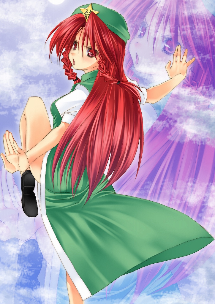 nigo (aozoragarou), hong meiling, immaterial and missing power, touhou, 1girl, china dress, chinese clothes, dress, female focus, hat, long hair, red hair, ribbon, solo