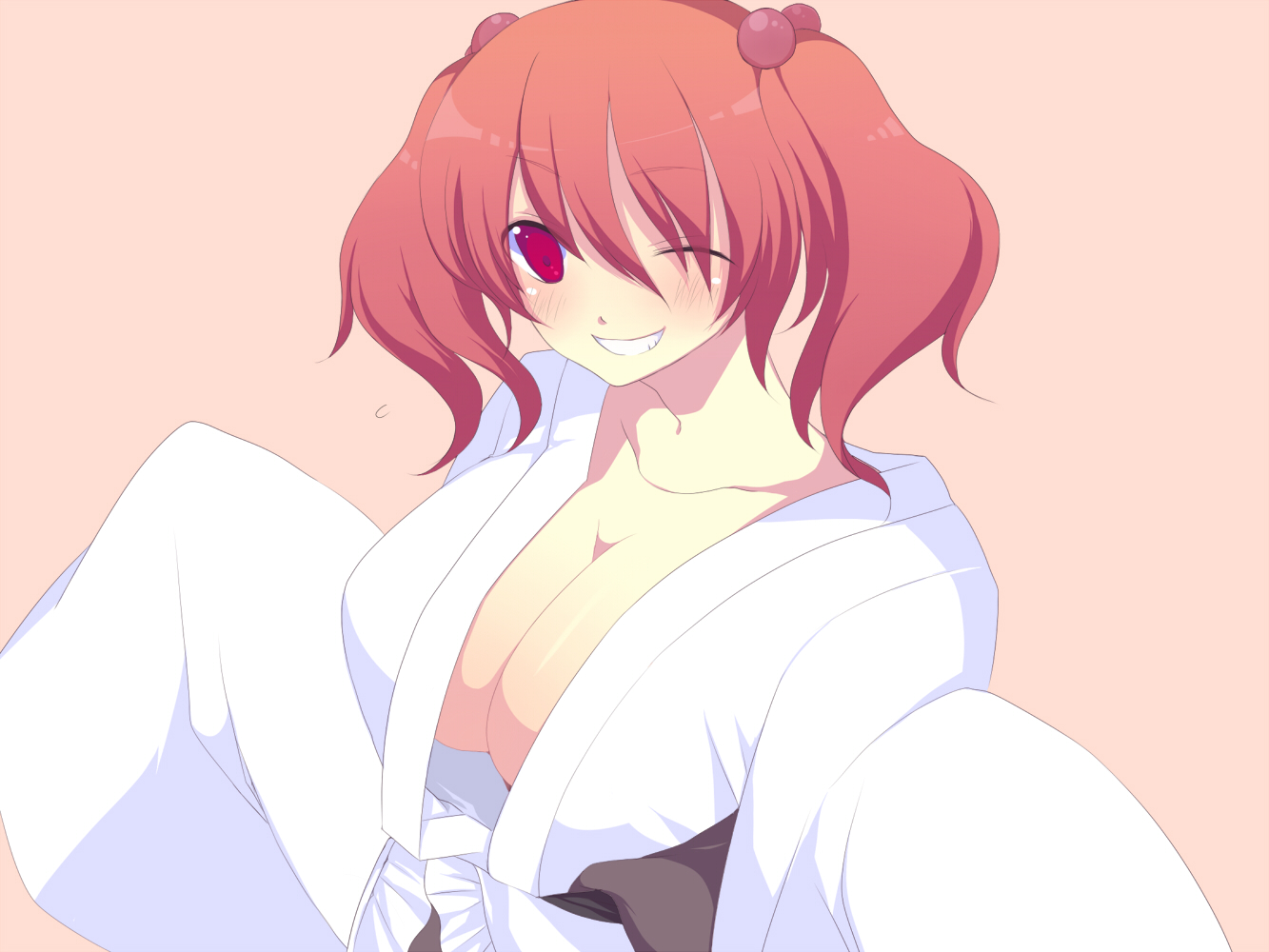 harano, onozuka komachi, touhou, bad id, bad pixiv id, 1girl, breasts, female focus, japanese clothes, kimono, large breasts, one eye closed, red eyes, red hair, short hair, smile, solo, wink