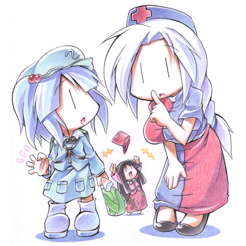 uccow, houraisan kaguya, kawashiro nitori, yagokoro eirin, touhou, bad id, bad pixiv id, traditional media, 3girls, bag, black hair, blue hair, chibi, computer, cucumber, female focus, hair bobbles, hair ornament, hat, long hair, multiple girls, ribbon, short hair, two side up, white hair, | |