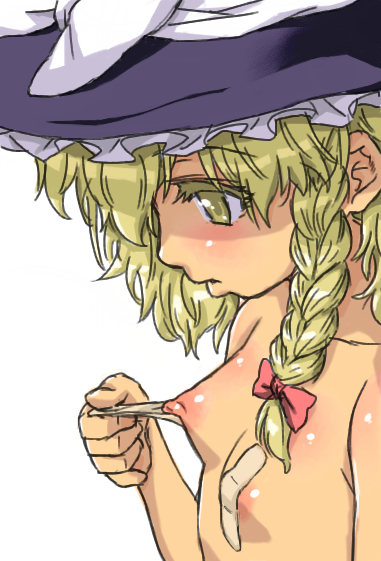 hisakawa riho, hishagawariho, kirisame marisa, touhou, bad id, bad pixiv id, 1girl, bandaid, bandaids on nipples, blonde hair, blush, completely nude, female focus, flat chest, hat, nipples, nude, pasties, ribbon, solo