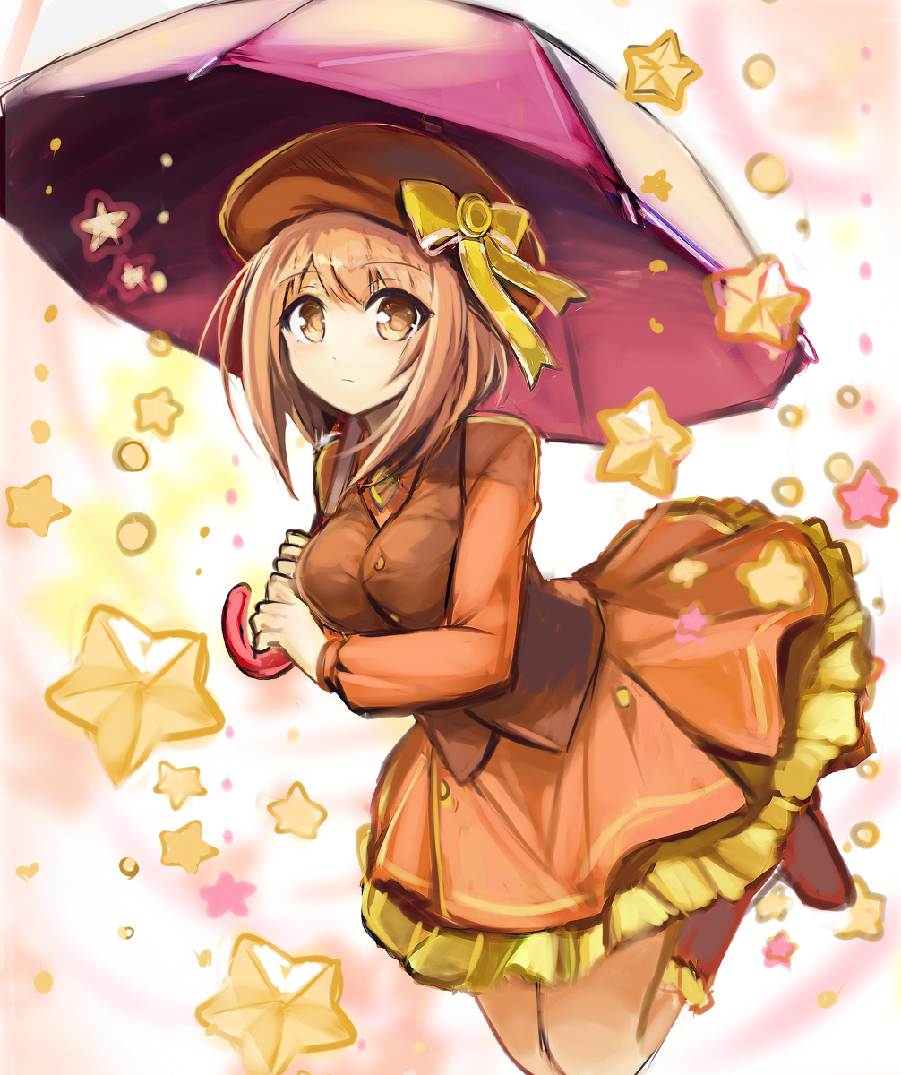 fuepo, kirby (series), nintendo, character request, highres, 1girl, animification, bow, dress, genderswap, hair ornament, holding, holding umbrella, humanization, long hair, long sleeves, looking at viewer, personification, red eyes, short hair, skirt, solo, umbrella