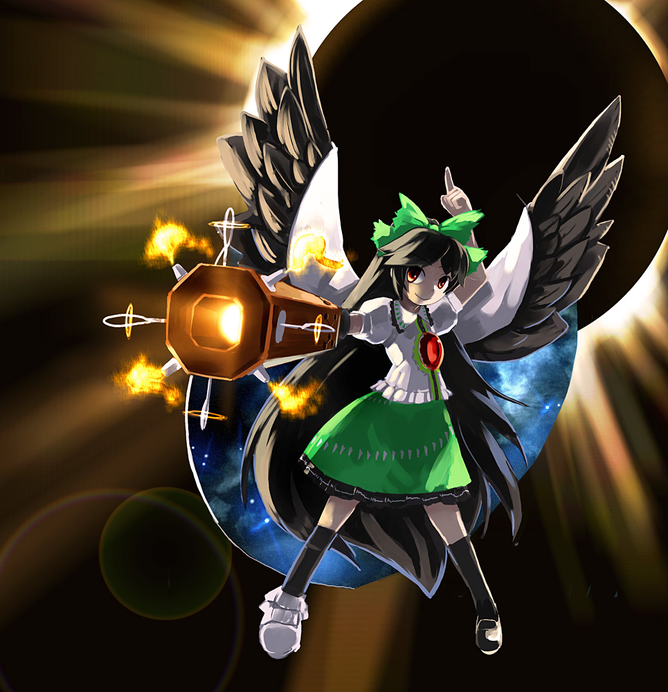 hirosato, reiuji utsuho, touhou, 1girl, arm cannon, black hair, cape, female focus, long hair, ribbon, solo, weapon, wings